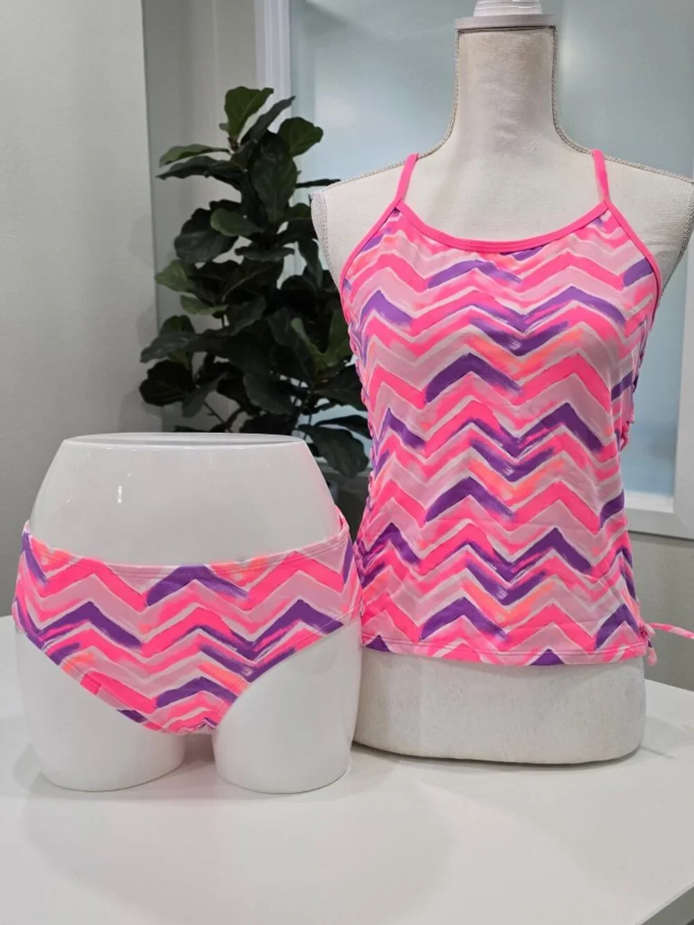 Justice ✦ Girls Tankini Top Bikini Bottom Set ✦ Pink Purple Chevron Size 20